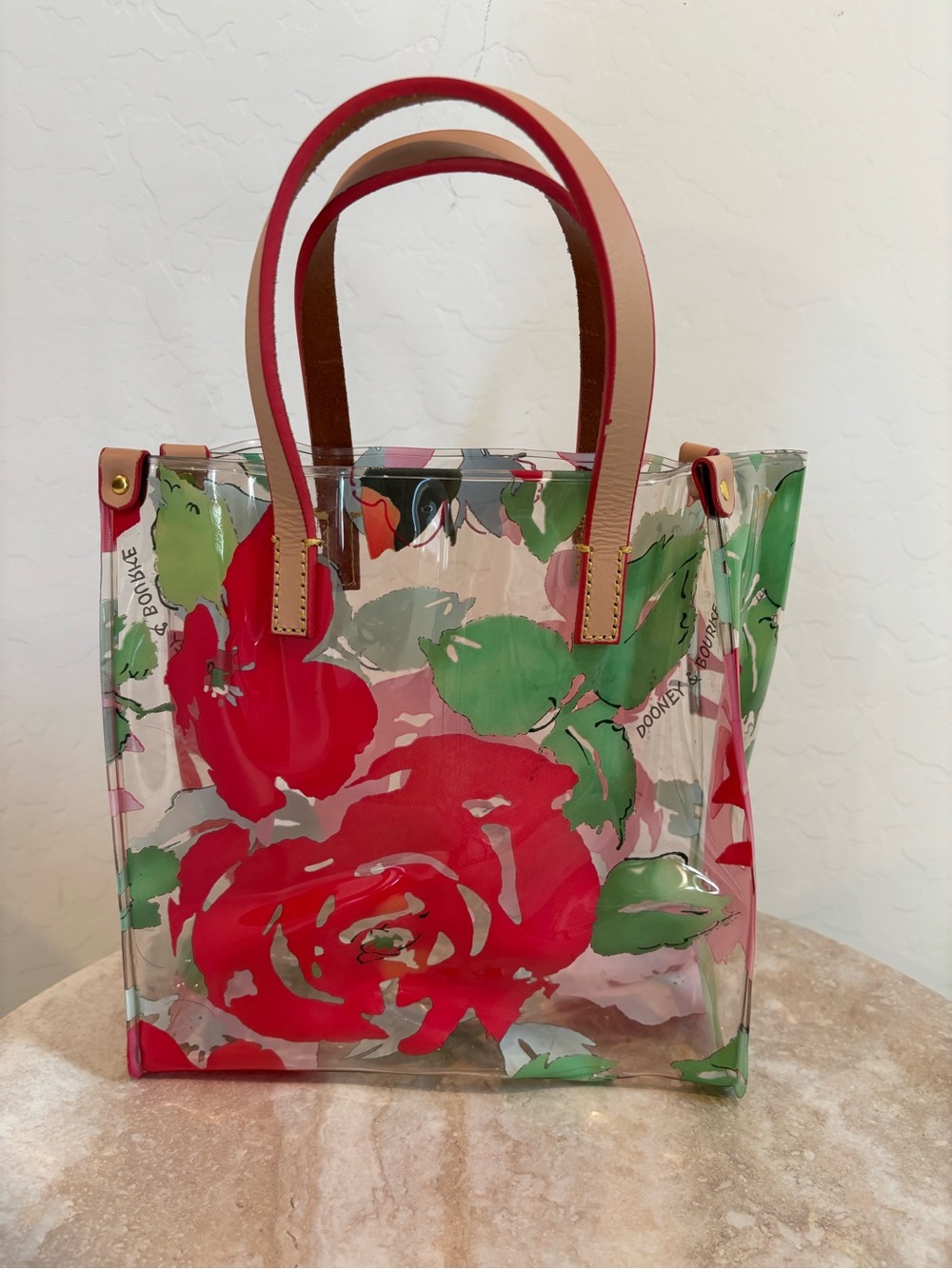 Dooney & Bourke Red Floral Clear PVC Tote with Leather Handles